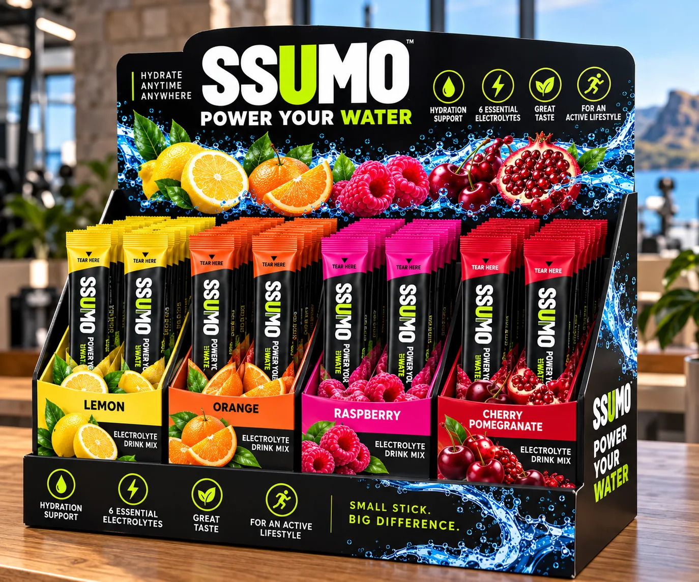 SSUMO countertop stand stocked with Lemon, Orange, Raspberry and Cherry Pomegranate Hydrate sticks